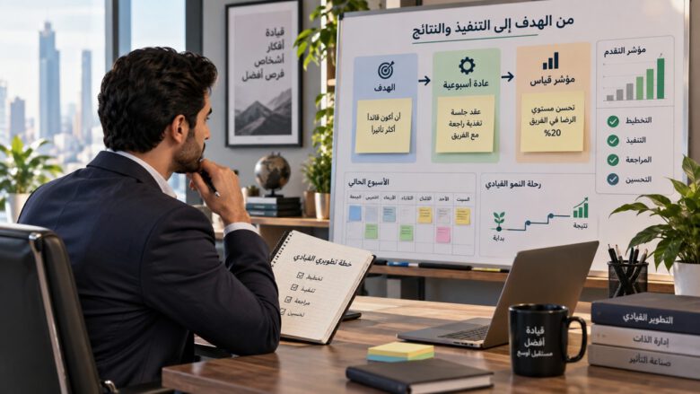 لوحة تخطيط توضح ربط الأهداف المهنية بالمؤشرات والعادات الأسبوعية - تطوير مهارات القيادة الشخصية.