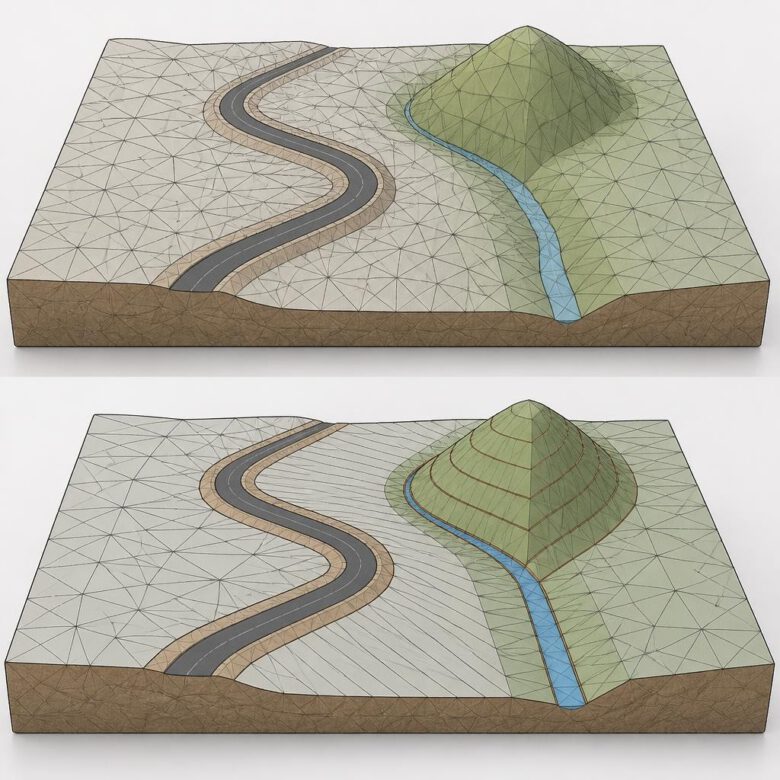 خطوط كسر توجه مثلثات سطح TIN عند حافة طريق ومنحدر - كيفية إنشاء Surface في Civil 3D.