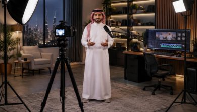 صانع محتوى عربي في استوديو حديث لإنتاج فيديو عالي الجودة