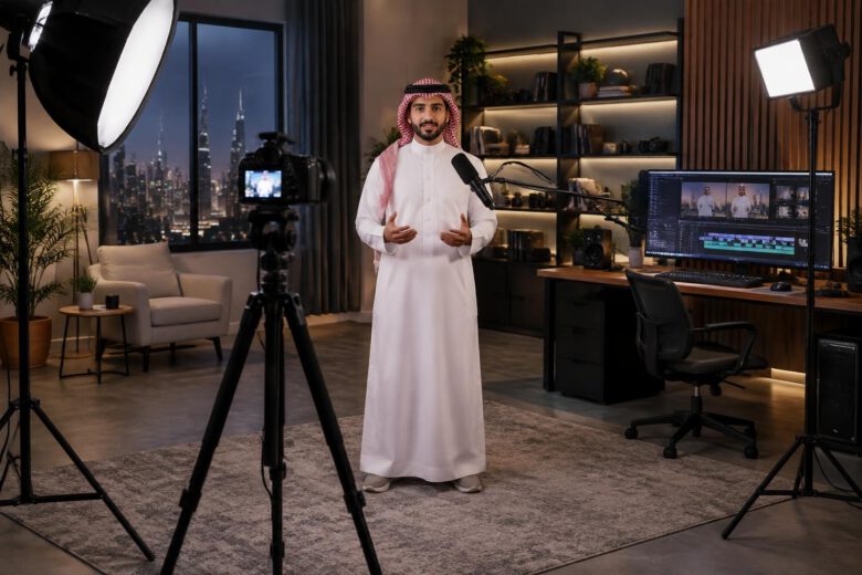 صانع محتوى عربي في استوديو حديث لإنتاج فيديو عالي الجودة