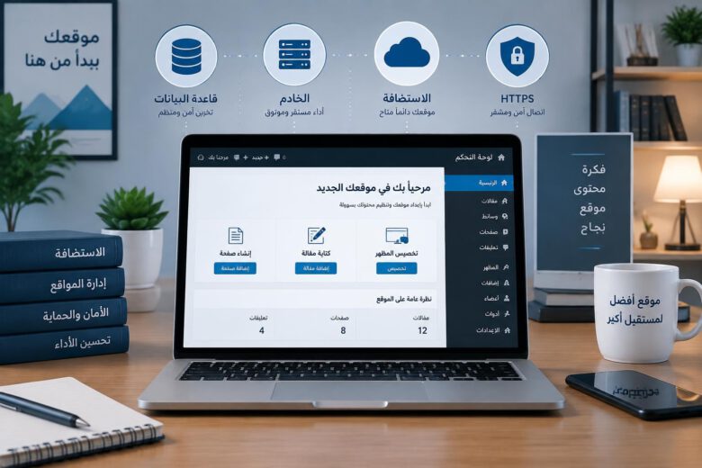 حاسوب يعرض إعداد موقع ووردبريس مع رموز قاعدة البيانات والحماية