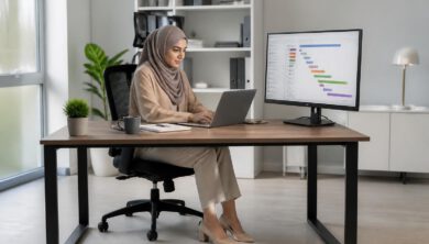 موظفة تنظم مهامها أمام حاسوب لتحسين إنتاجيتها في العمل