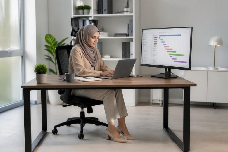 موظفة تنظم مهامها أمام حاسوب لتحسين إنتاجيتها في العمل