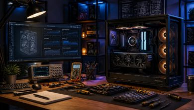 مكونات كمبيوتر حديث ومفتوح تعرض بطاقة الرسوميات واللوحة الأم على طاولة فحص تقنية