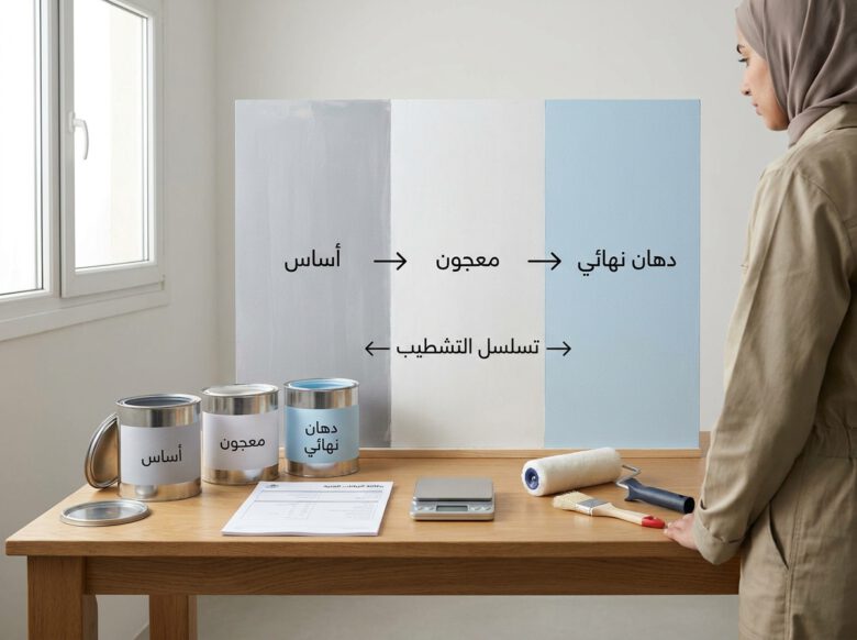 تسلسل طبقات البرايمر والمعجون والدهان النهائي في نظام الطلاء - كيفية حساب كمية الدهان للجدران والأسقف والمبنى.