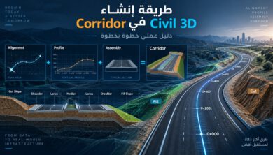 نموذج ثلاثي الأبعاد لكوريدور طريق يربط المحور والبروفايل والمقطع العرضي في Civil 3D
