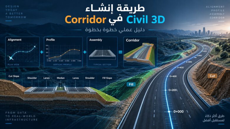 نموذج ثلاثي الأبعاد لكوريدور طريق يربط المحور والبروفايل والمقطع العرضي في Civil 3D