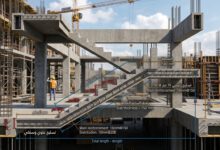 رسم هندسي ثلاثي الأبعاد يوضح طريقة حساب خرسانة السلالم وبلاطة الرقبة المائلة والدرجات
