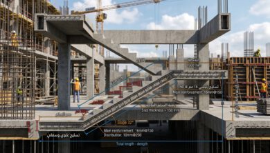 رسم هندسي ثلاثي الأبعاد يوضح طريقة حساب خرسانة السلالم وبلاطة الرقبة المائلة والدرجات