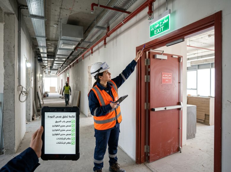 مهندس يفحص عناصر السلامة من الحريق والامتثال في موقع بناء