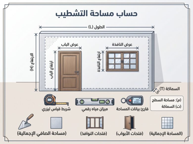 رسم يوضح قياس مساحة الجدار وخصم الفتحات عند حساب المحارة