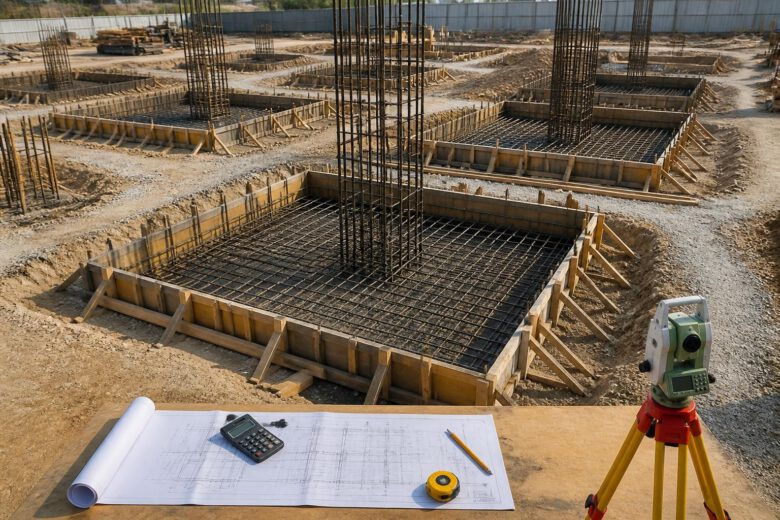 حساب كمية الخرسانة للقواعد باستخدام المخططات والأبعاد الهندسية