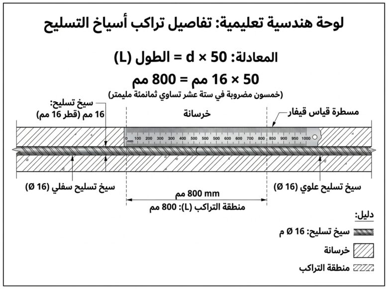 مثال حساب طول تراكب سيخ قطره 16 مم بطول 800 مم