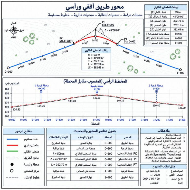 محطات رئيسية وفرعية وبيانات منحنى على محور طريق - كيفية إنشاء Alignment في Civil 3D.