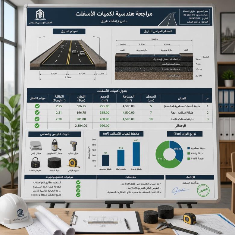 لوحة مراجعة حجم الأسفلت وتحويله من متر مكعب إلى طن
