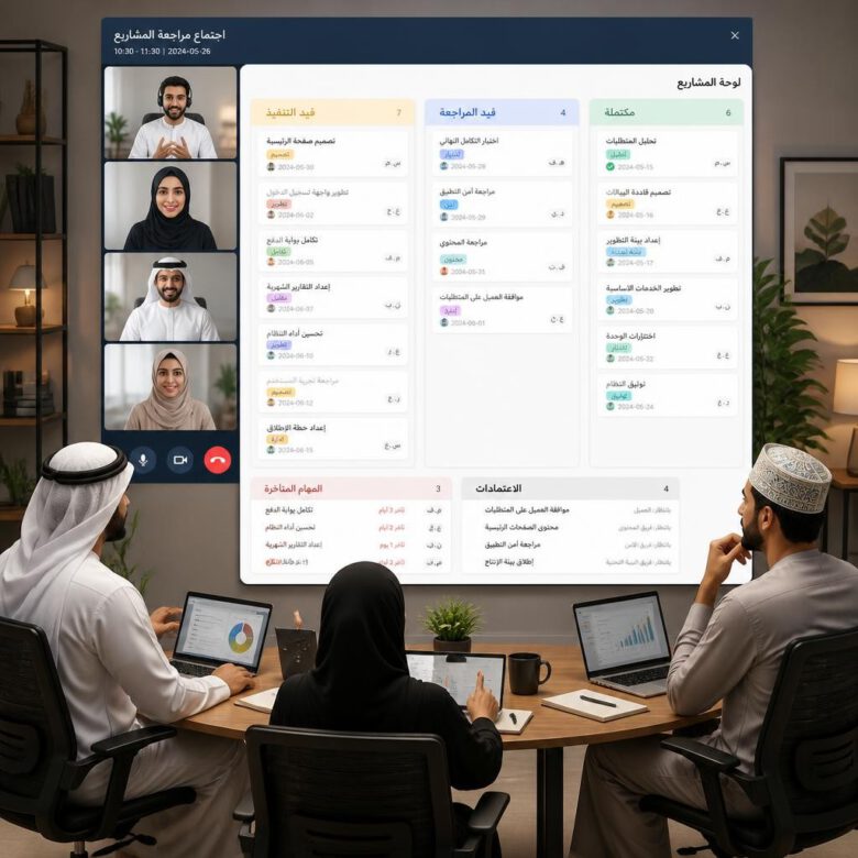فريق عمل عن بعد يراجع حالة المهام داخل تطبيق إدارة المشاريع - كيف تدير فريق العمل بفعالية.