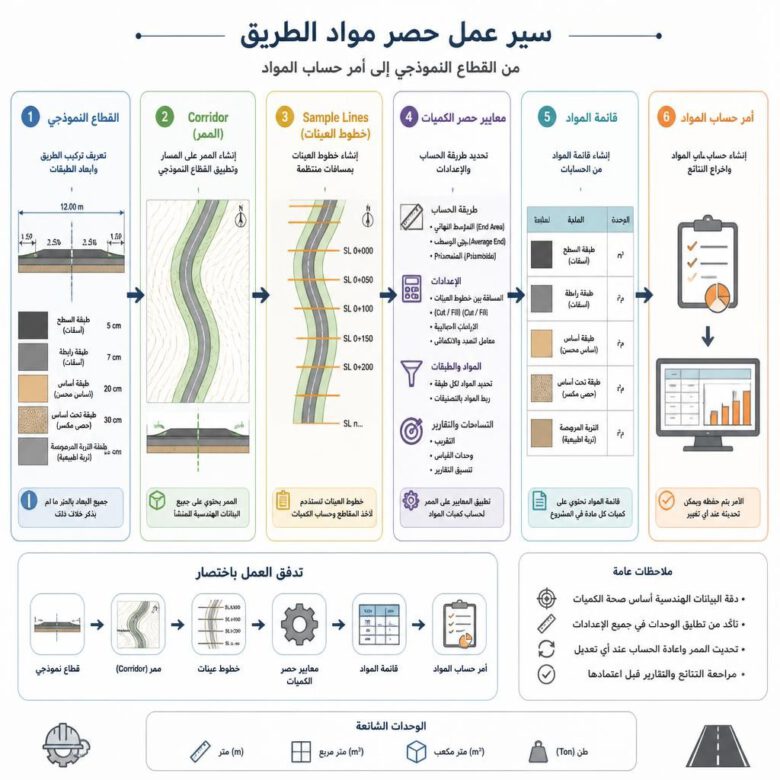 مراحل ربط Corridor وSample Lines ومعايير حصر كميات الأسفلت