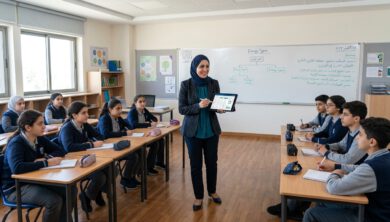 معلّم يستخدم جهازاً لوحياً لإدارة الطلاب والدرجات داخل الفصل