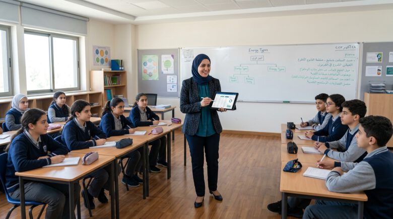 معلّم يستخدم جهازاً لوحياً لإدارة الطلاب والدرجات داخل الفصل