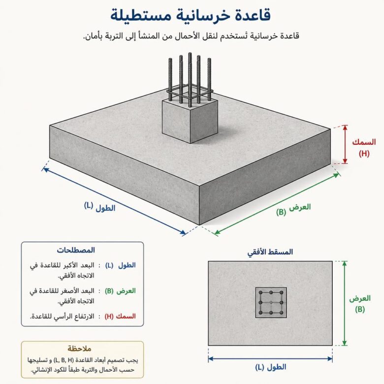 أبعاد الطول والعرض والسمك المستخدمة لحساب حجم القاعدة الخرسانية