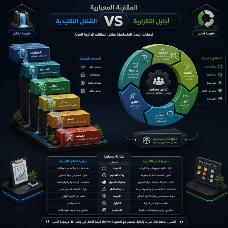 مخطط مقارنة بين منهجية الشلال التقليدية ومنهجية أجايل المرنة في إدارة المشاريع - كيفية إدارة المشاريع في العصر الرقمي