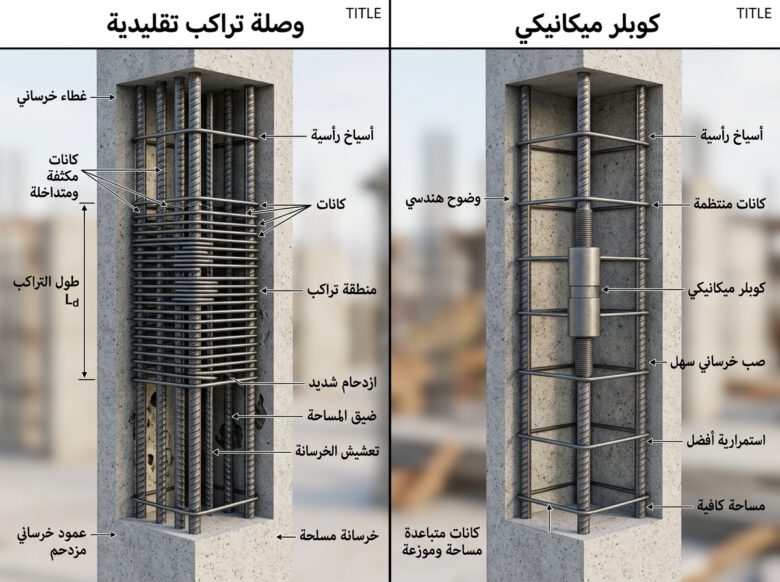 مقارنة بين وصلة التراكب والكوبلر الميكانيكي في حديد التسليح