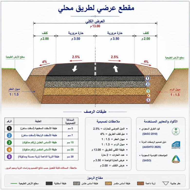 مقطع عرضي لطريق محلي بحارتين وكتفين وميول ربط مع الأرض الطبيعية - كيفية عمل Corridor في Civil 3D.