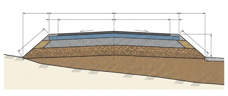 مقطع عرضي لطريق يوضح الأرض الطبيعية والتصميم والميول - كيفية إنشاء Sample Lines في Civil 3D.