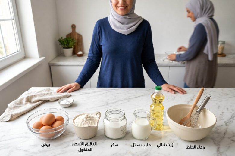 مكونات عمل الكيك السادة المنزلي بدقة من بيض ودقيق وسكر وحليب - طريقة عمل الكيك السادة.