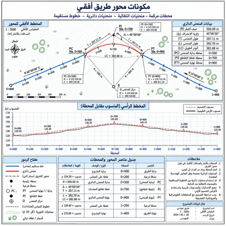 مكونات Alignment من خطوط ومنحنيات ومحطات في Civil 3D - كيفية إنشاء Alignment في Civil 3D.