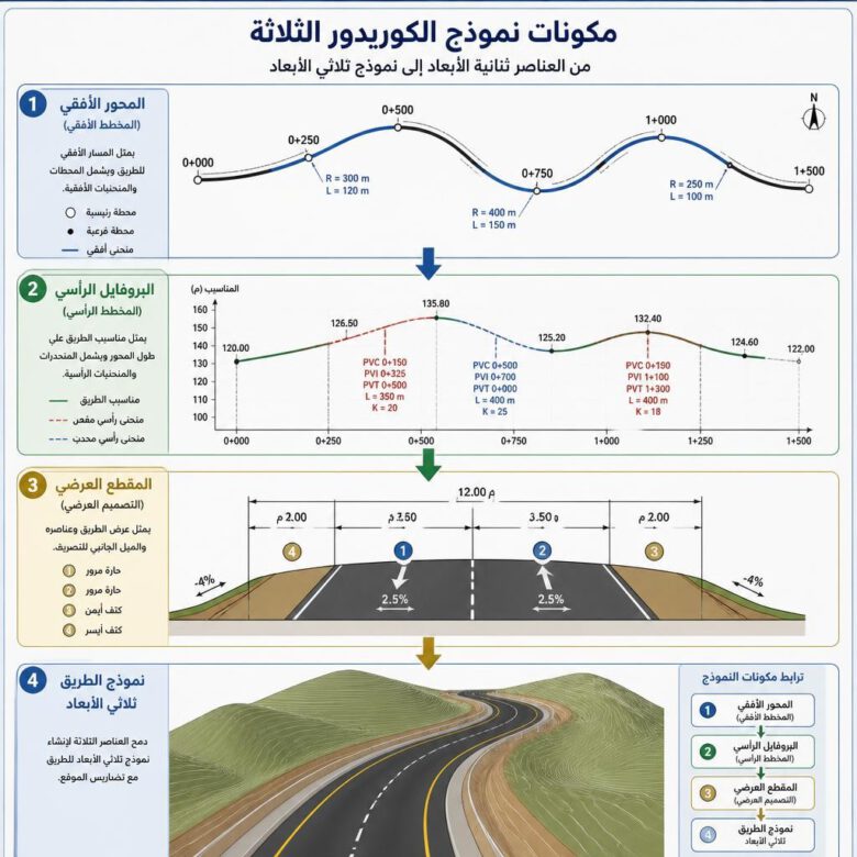 مخطط يوضح ارتباط Alignment وProfile وAssembly لتكوين Corridor - طريقة إنشاء Corridor في Civil 3D.