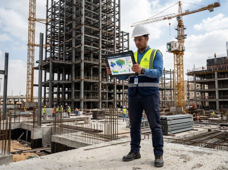 مهندس مدني يستخدم جهاز لوحي لتحليل البيانات الإنشائية - استخدام ChatGPT للمهندسين.