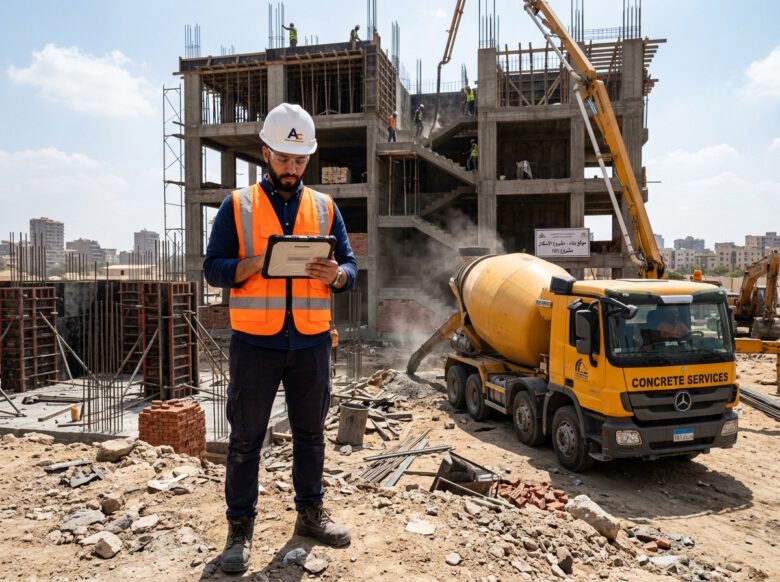 مهندس موقع يدقق كميات الخرسانة المطلوبة لمضخة الصب في مشروع تشييد