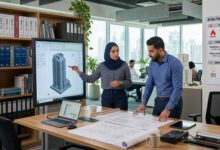 مهندسان يراجعان كودات البناء العالمية والمخططات الهندسية في مكتب تصميم